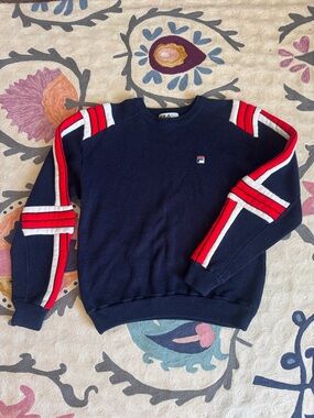 Fila navy blue Crewneck Sweater with Red & White Sleeve Stripes